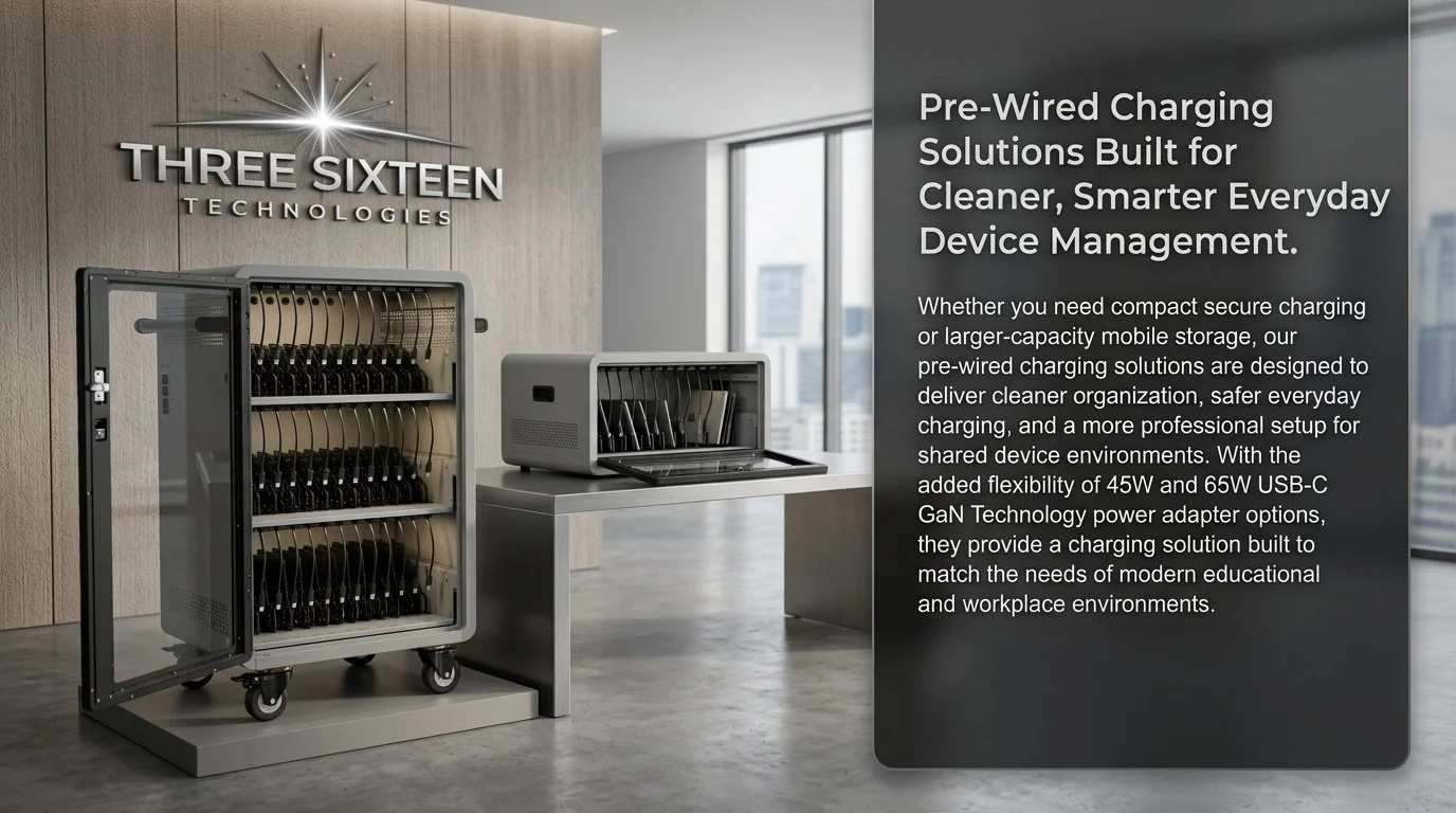 A charging cart and a portable charging station in an office setting for managing multiple devices, with a large window showing a city skyline in the background.