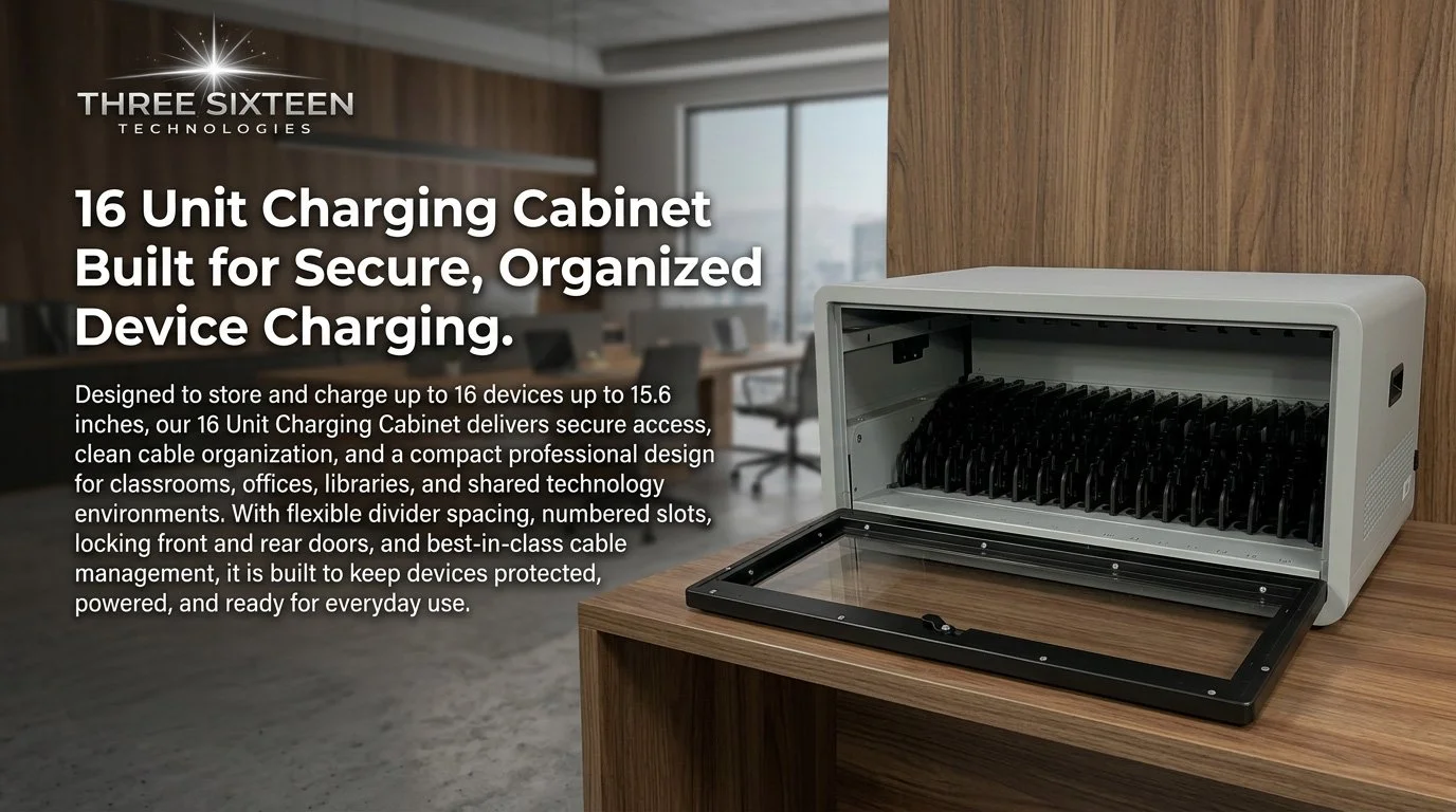 Image of a white 16-unit charging cabinet with its door open, showing numbered slots inside, placed on a wooden table in a modern office environment with large windows and wooden wall panels.