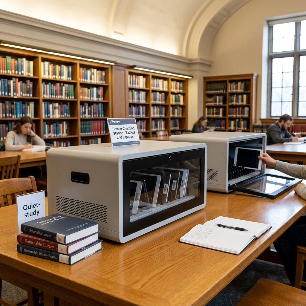 Library reading room with bookshelves, students studying at tables, and a device charging station for tablets and laptops on a wooden table.