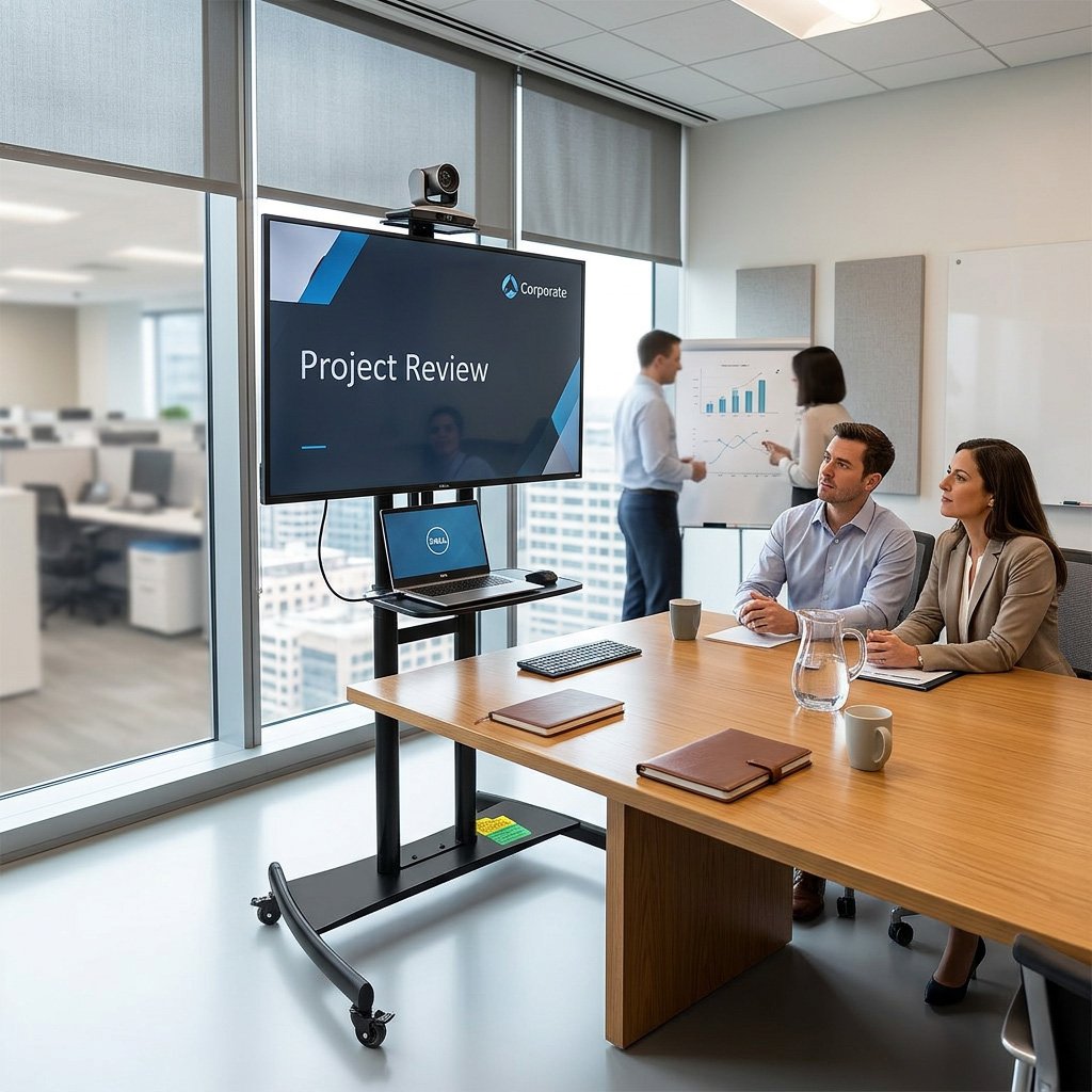 Business meeting in a conference room with a large screen displaying 'Project Review', two people presenting at a whiteboard with charts, and three people seated at a table with notebooks and coffee mugs.