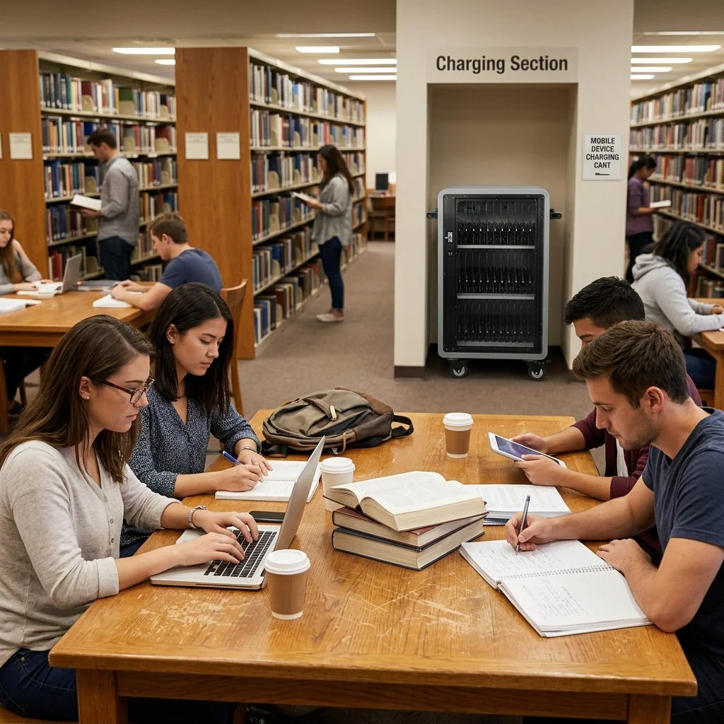 Students studying and reading books at a table in a library, with a charging station in the background.