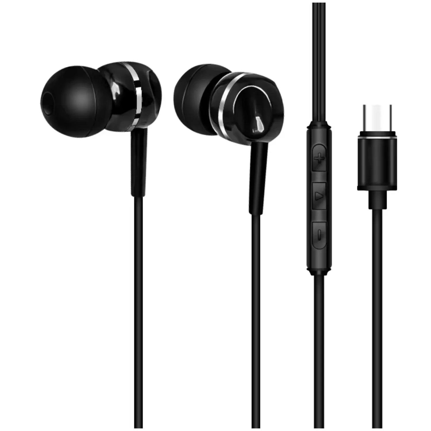 Black wired earbuds available with 3.5mm or USB-C connectivity.