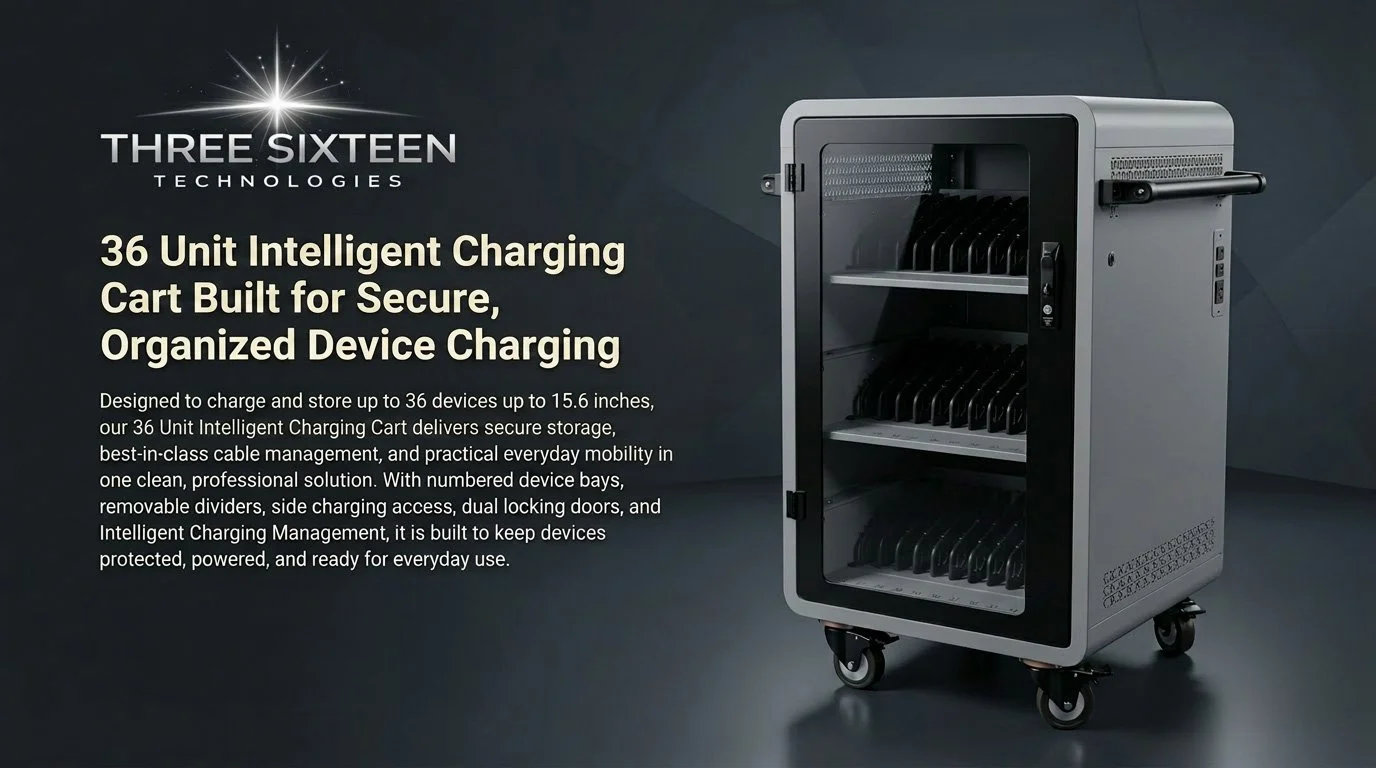A mobile charging cart with 36 slots for device charging, shown with a transparent door and four wheels. The promotional text highlights the company's name, Three Sixteen Technologies, and describes the features of the charging cart for organized device management.