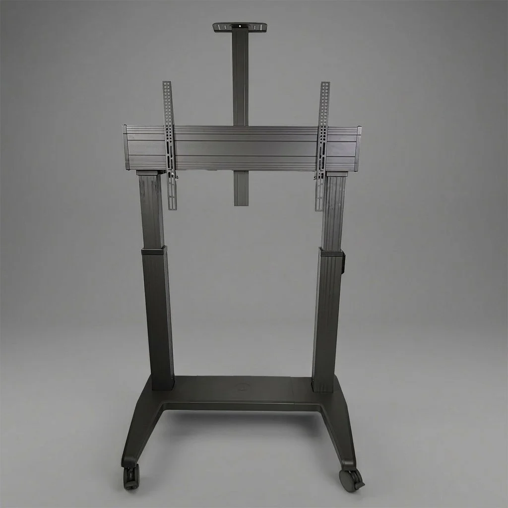 Metal TV or monitor stand with adjustable arms on a gray background.