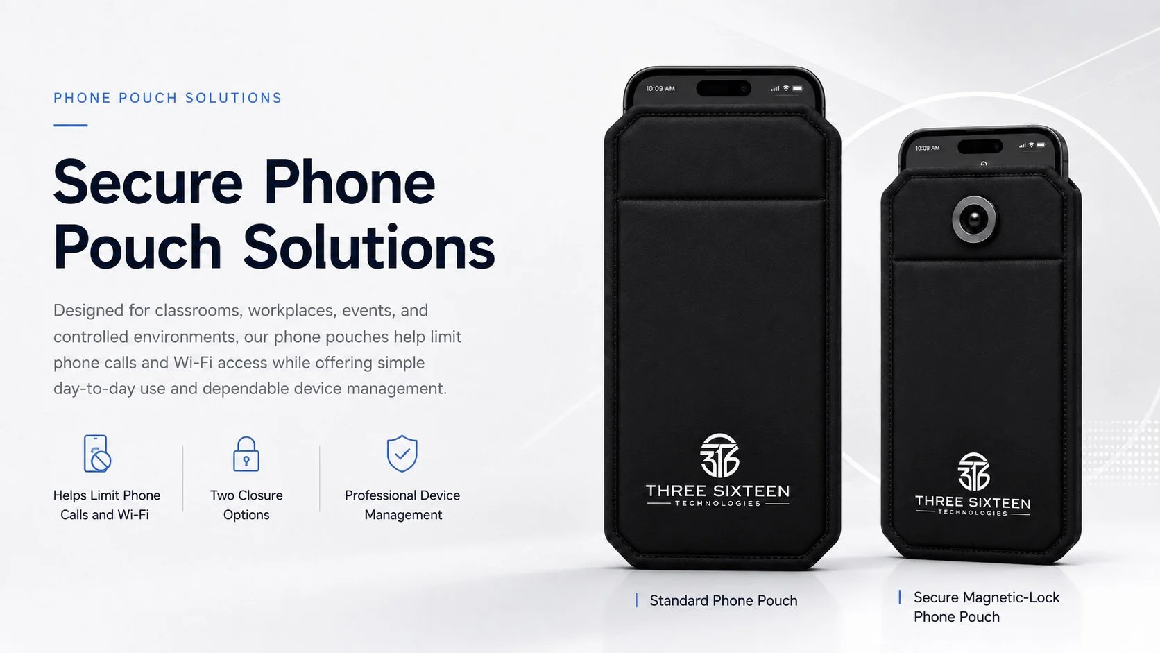 Standard and secure magnetic-lock phone pouches holding smartphones.
