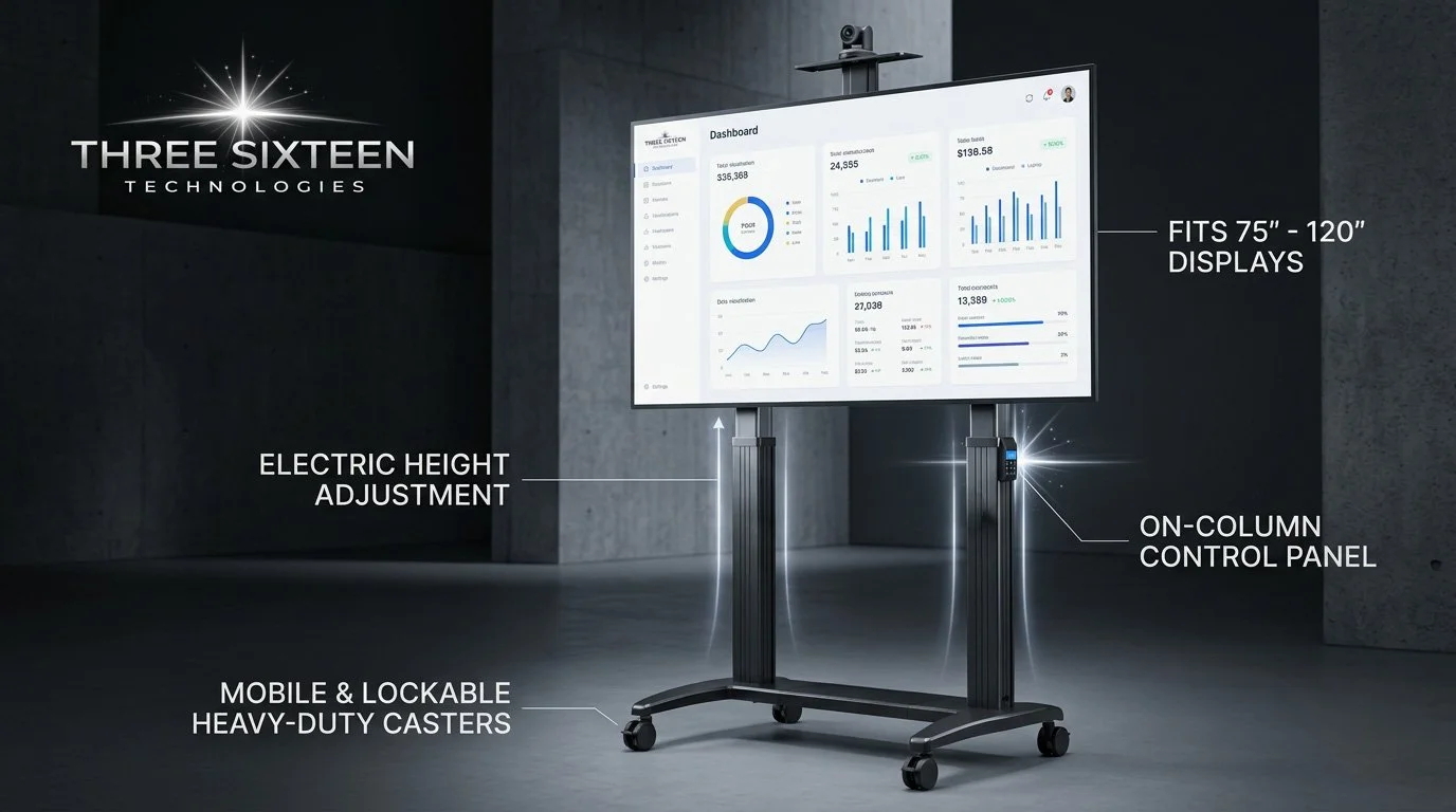 A mobile digital display stand with a large screen showing data on a dashboard, equipped with an on-column control panel, electric height adjustment, and heavy-duty casters, in a modern setting. The display is 75 to 120 inches, and the stand is labeled with the brand Three Sixteen Technologies.