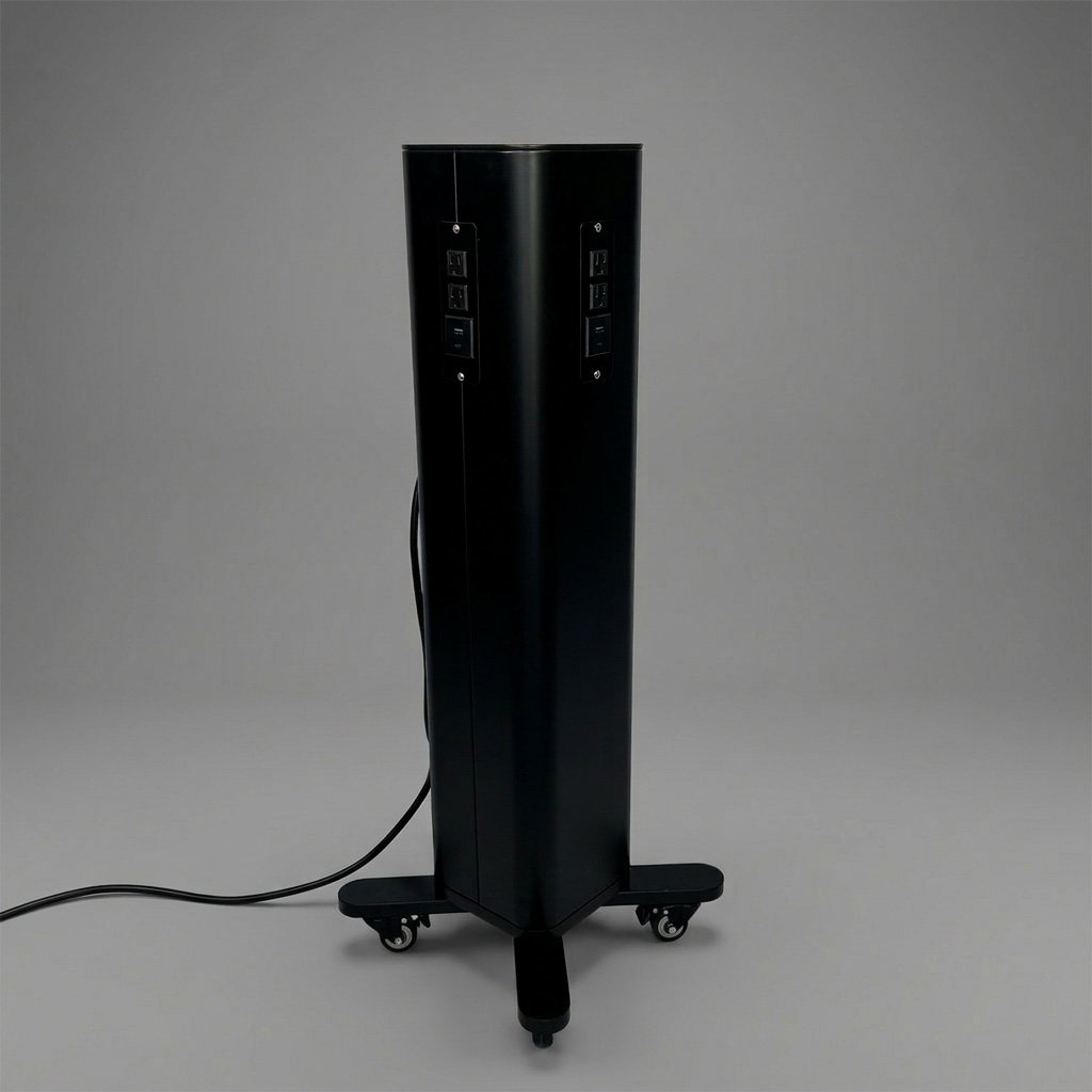 A tall black electronic device with several ports and controls, mounted on casters for mobility, placed against a plain gray background.