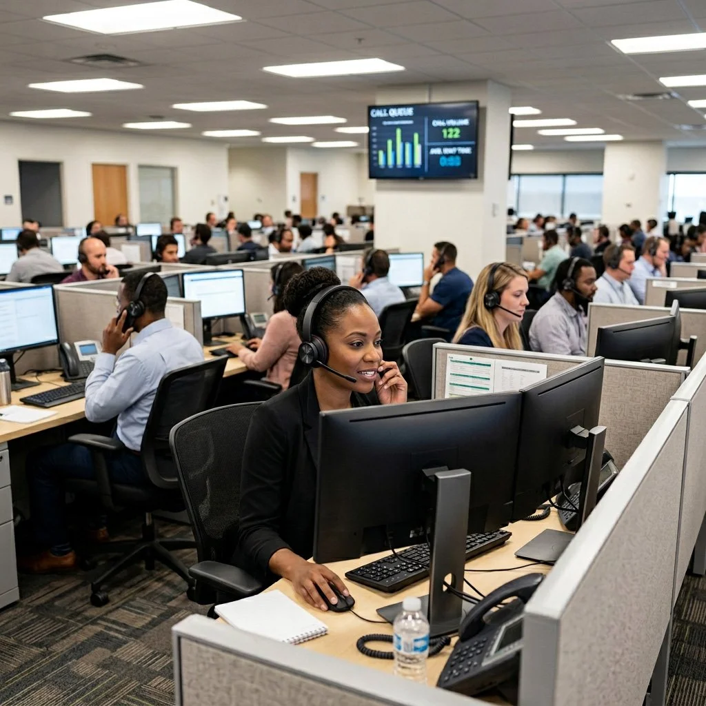 A busy call center with employees working at cubicles, wearing headsets, and using computers in an office environment.