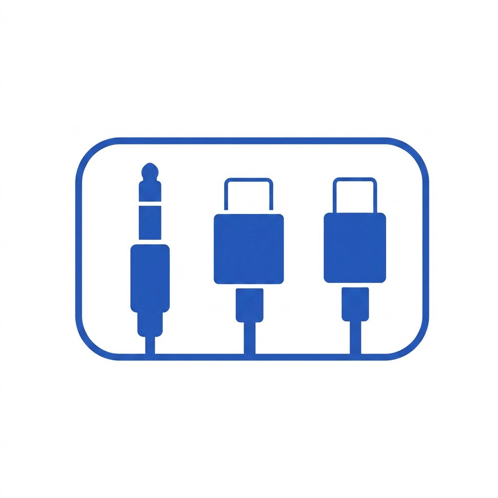 Blue icons of a 3.5mm audio jack, a USB Type-A, and a USB Type-C connector inside a rounded rectangle