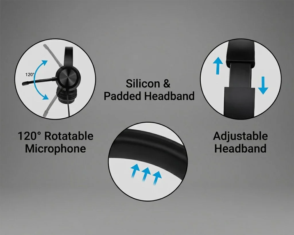 Diagram of a headset with features including a 120-degree rotatable microphone, silicon and padded adjustable headband.