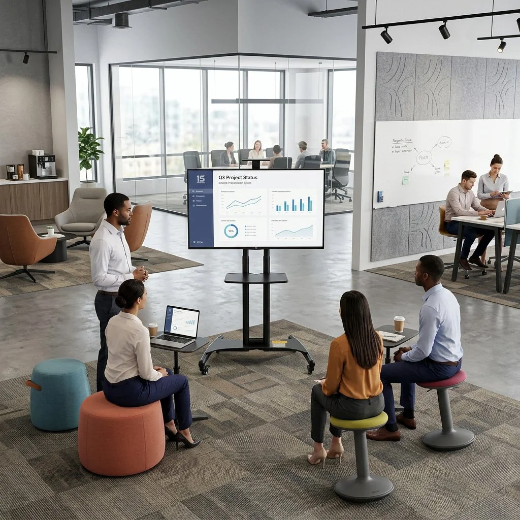 Business presentation in modern office with a man presenting data charts on a screen to seated colleagues and a group in the background during a meeting.