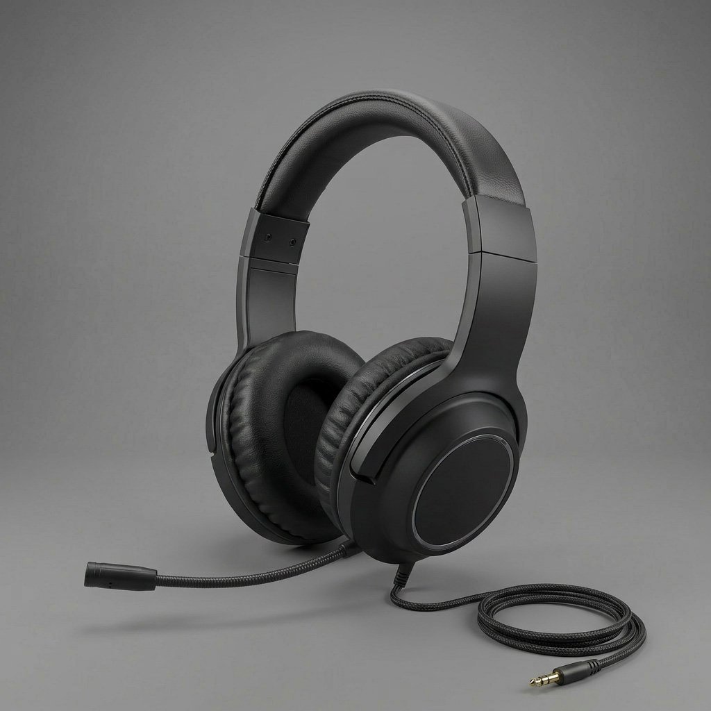 Black over-ear headphones with attached microphone on a plain gray background.