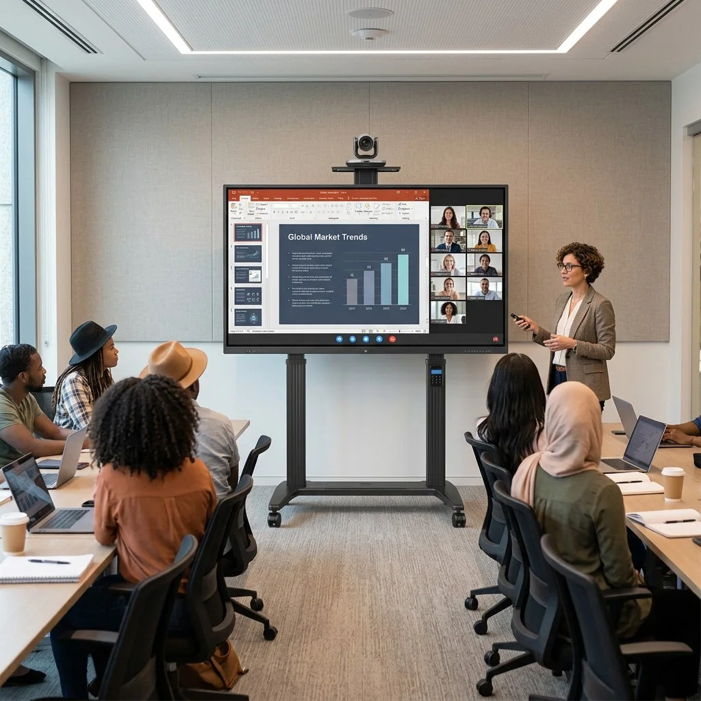 A diverse group of people attending a virtual business meeting or presentation in a conference room. A woman is standing beside a large screen showing a presentation on global market trends, with a video call window featuring multiple participants. Attendees are seated with laptops and notebooks.