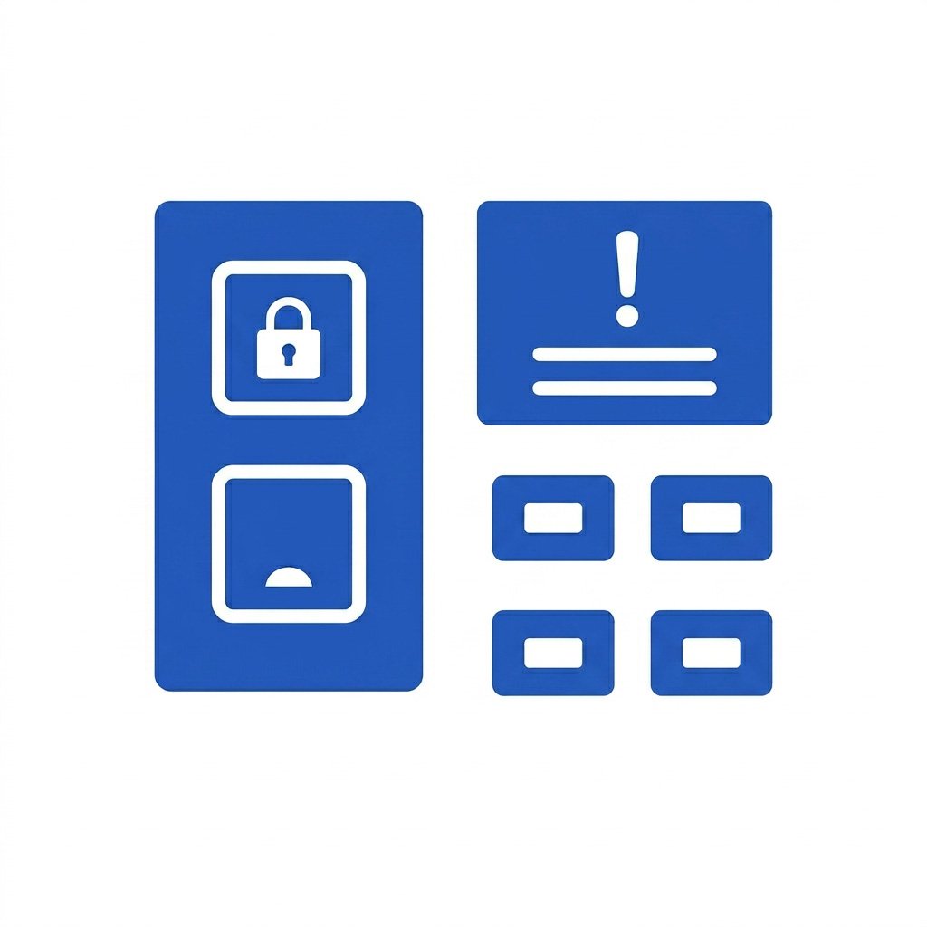 Blue icons depicting a lock, a warning sign with an exclamation mark, and several buttons, indicating security and alert features.