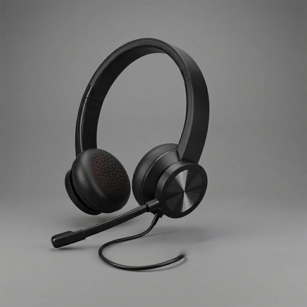 Black over-ear headset with a microphone attached, placed on a gray background.