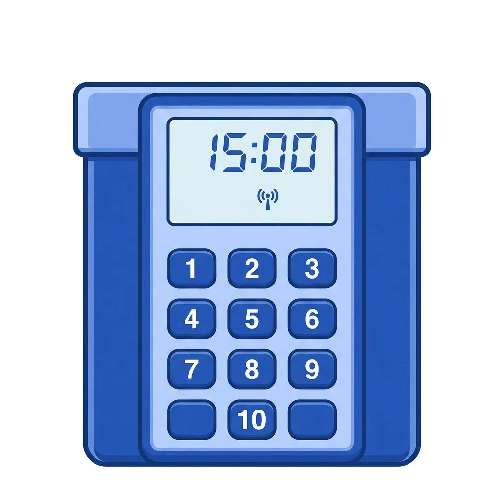 Digital time clock with a blue casing displaying 15:00 and a keypad with numbered buttons.