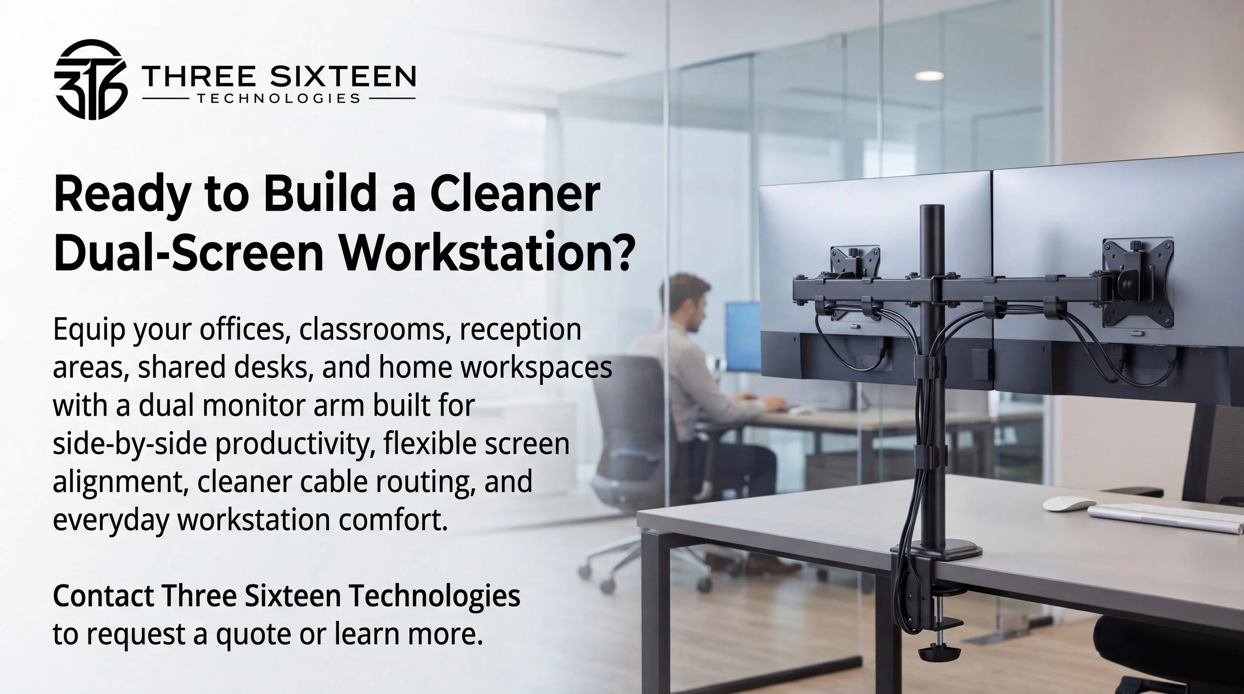 Dual monitor arm supporting two screens on an organized professional office desk.