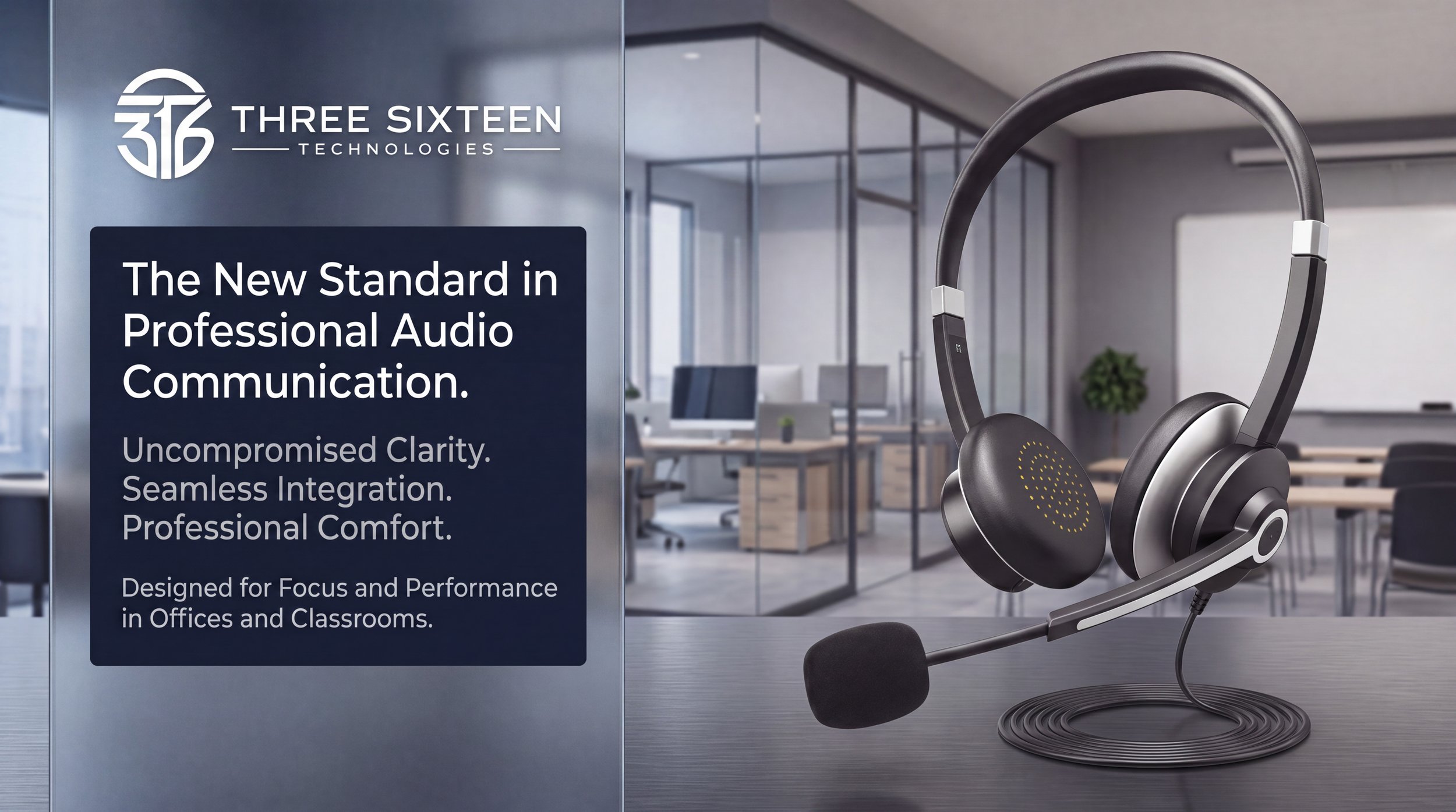 Professional wired headset with noise-cancelling microphone in a modern office and classroom environment.