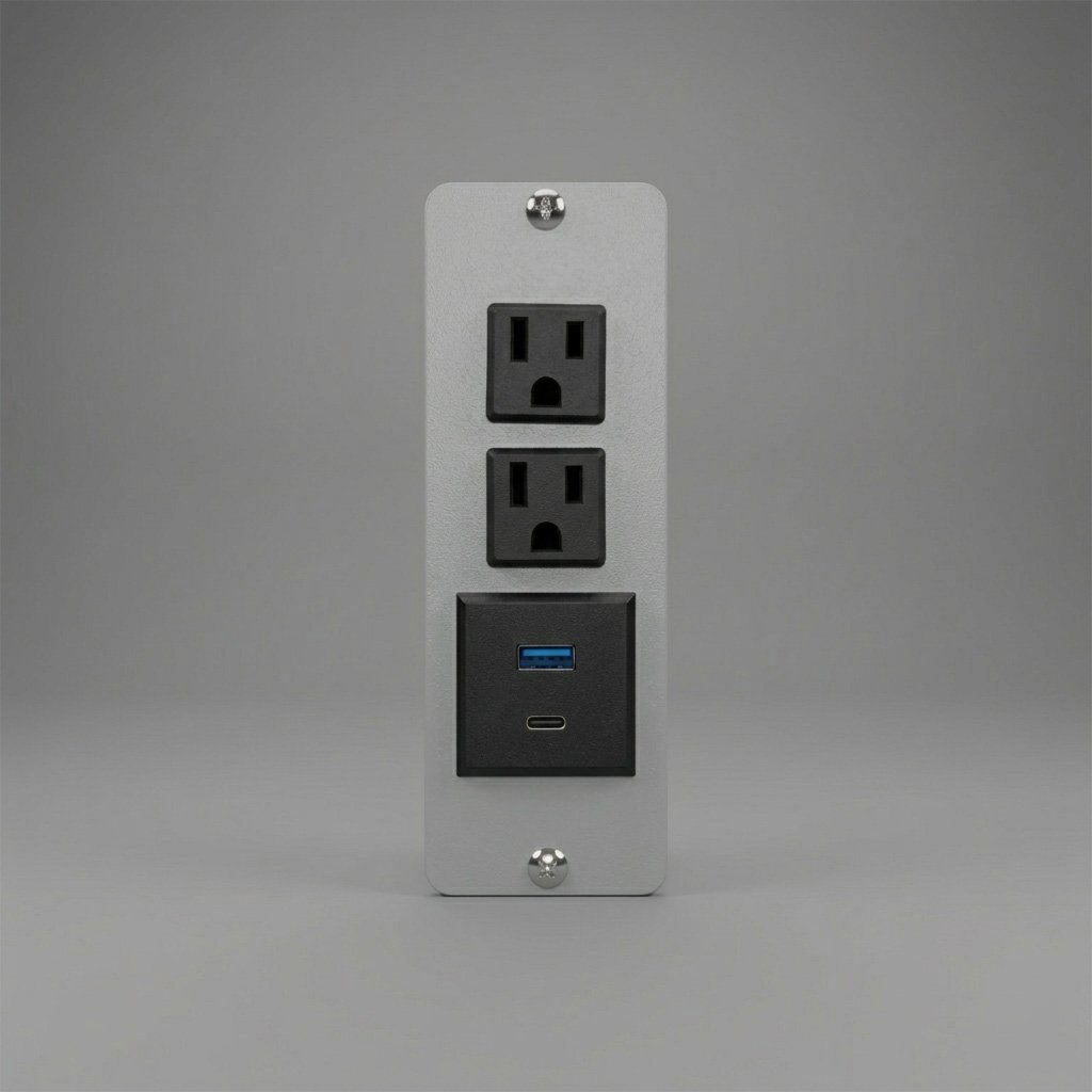 A power outlet with two three-prong sockets, a USB port, and a USB-C port on a gray wall.