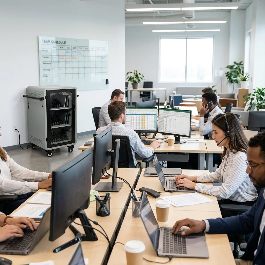 Office workers working at desks with computers in a modern conference room with large windows, plants, and a team schedule whiteboard on the wall.