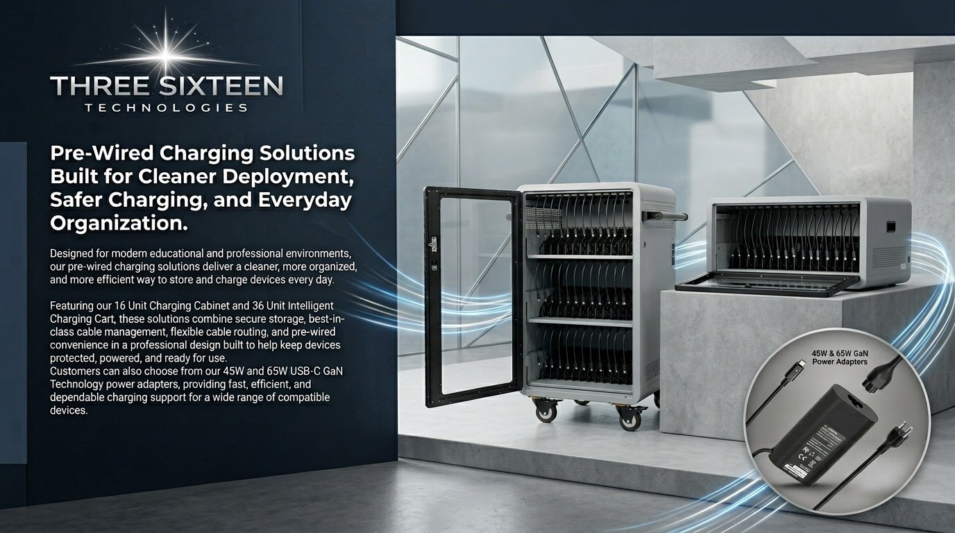 Image advertising pre-wired charging solutions with charging cabinet, intelligent charging cart, and power adapters for diverse devices, set in modern environment.