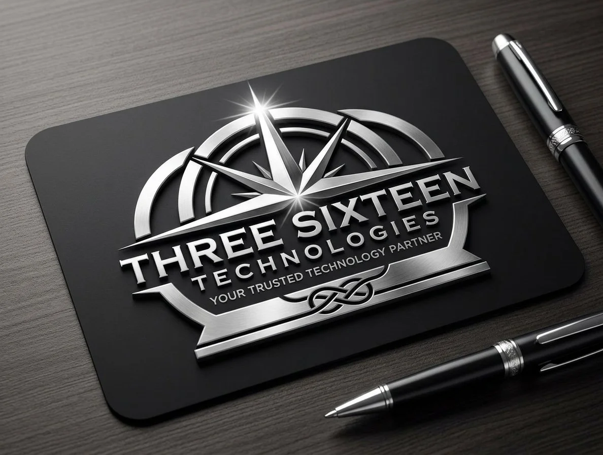 Metallic logo for Third Sixteen Technologies on a black background with a pen nearby.