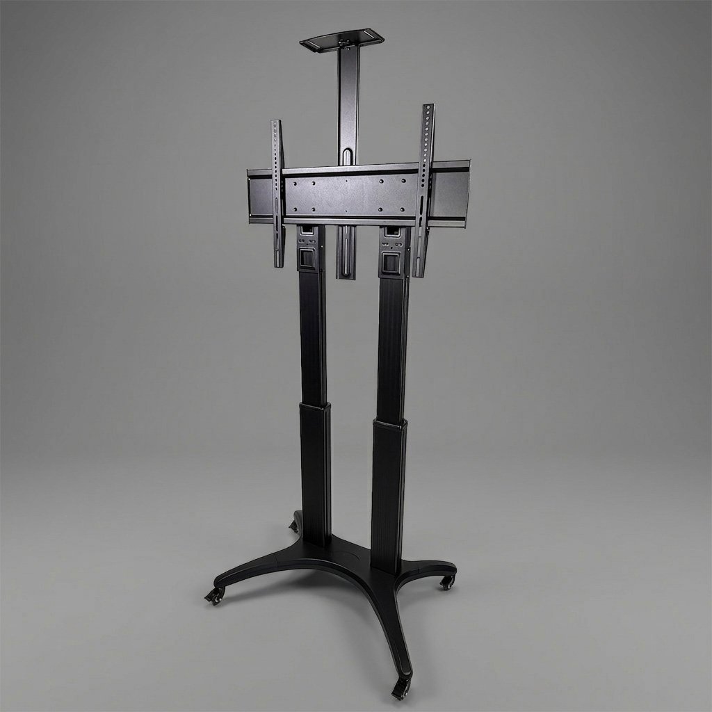 A black mobile TV or monitor stand with adjustable height, wheels, and a mounting bracket for a screen, set against a plain gray background.