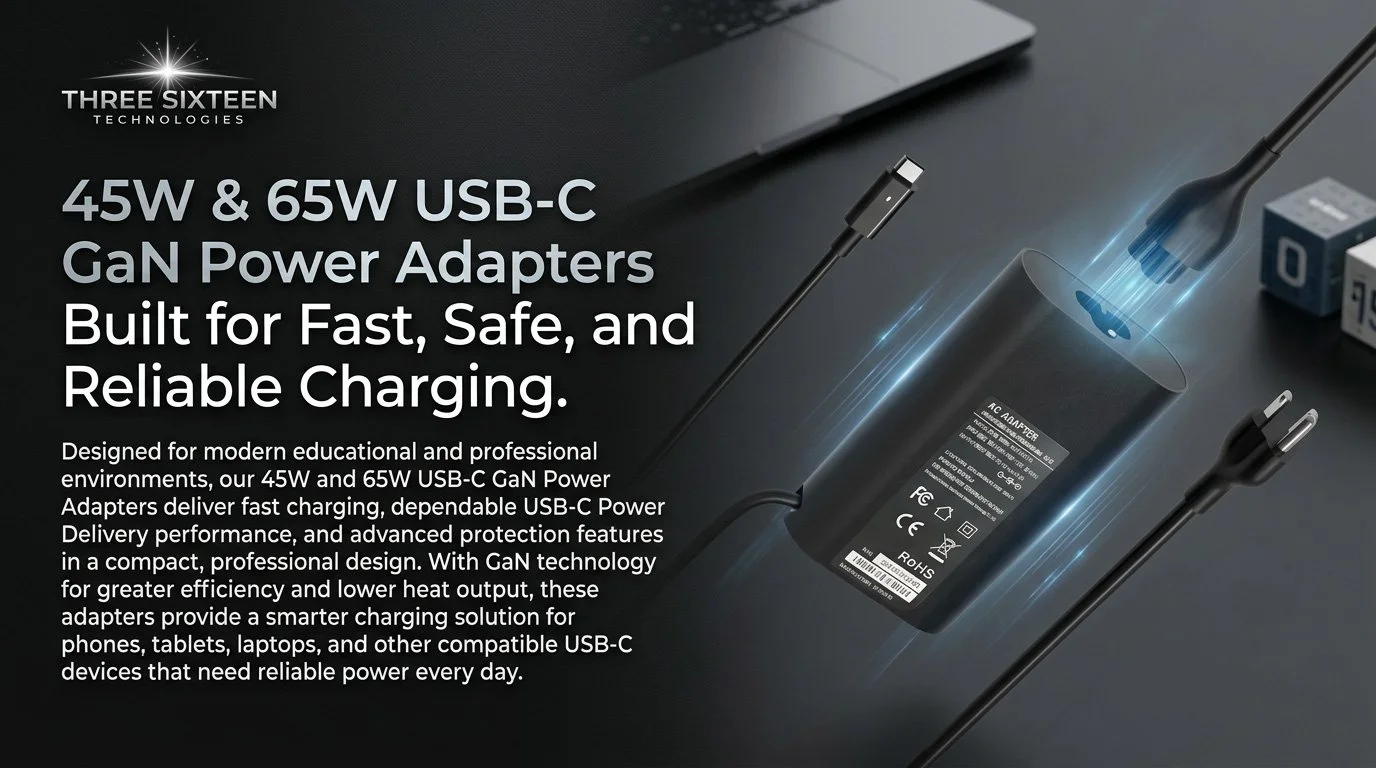 A promotional graphic for Three Sixteen Technologies displaying 45W and 65W USB-C GaN power adapters. The image shows a black power adapter, a charging cable, an open laptop, and USB-C cubes on a dark surface with a glowing effect around the connector.