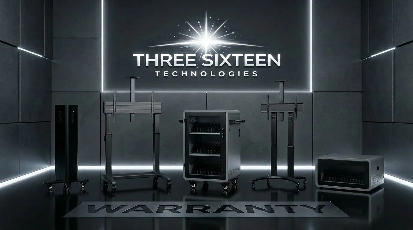 Dark room with the logo of Three Sixteen Technologies illuminated on the back wall. Several electronic devices and stands are displayed in the room, with the word WARRANTY on the floor mat.