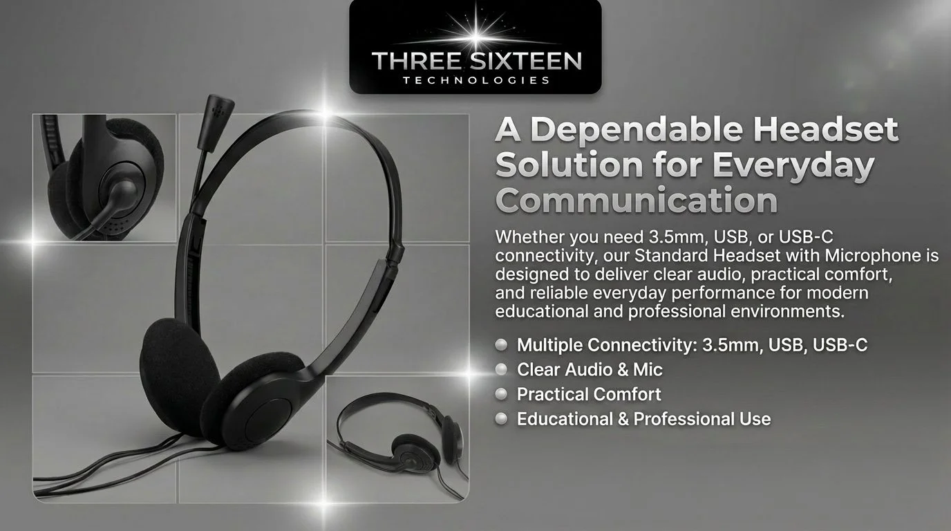 Image of a black headset with foam ear pads and a microphone, alongside a smaller image of the same headset. The background includes a logo for Three Sixteen Technologies and text describing the headset as reliable for everyday communication, with features like multiple connectivity options, clear audio and mic, practical comfort, and professional use.