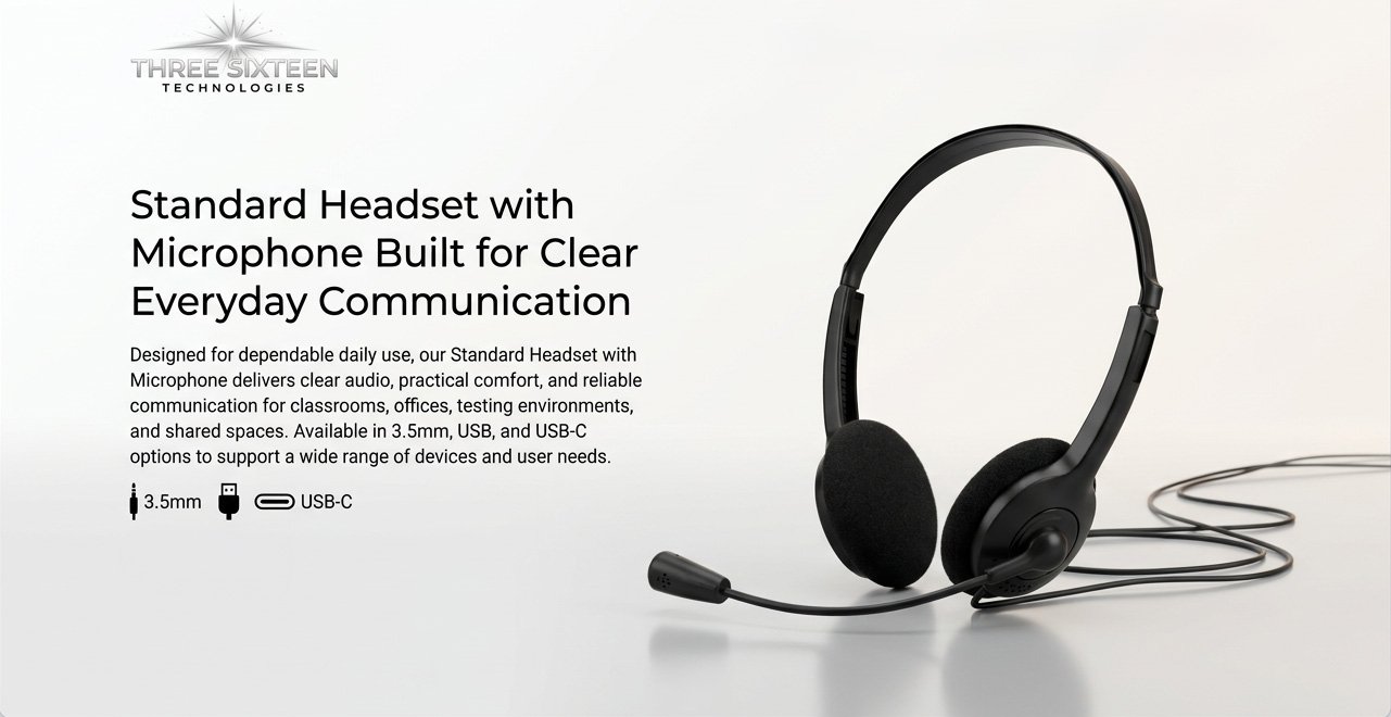 Black standard headset with microphone and green ear cushions, connected by a wire, displayed on a white background, with text describing its features.