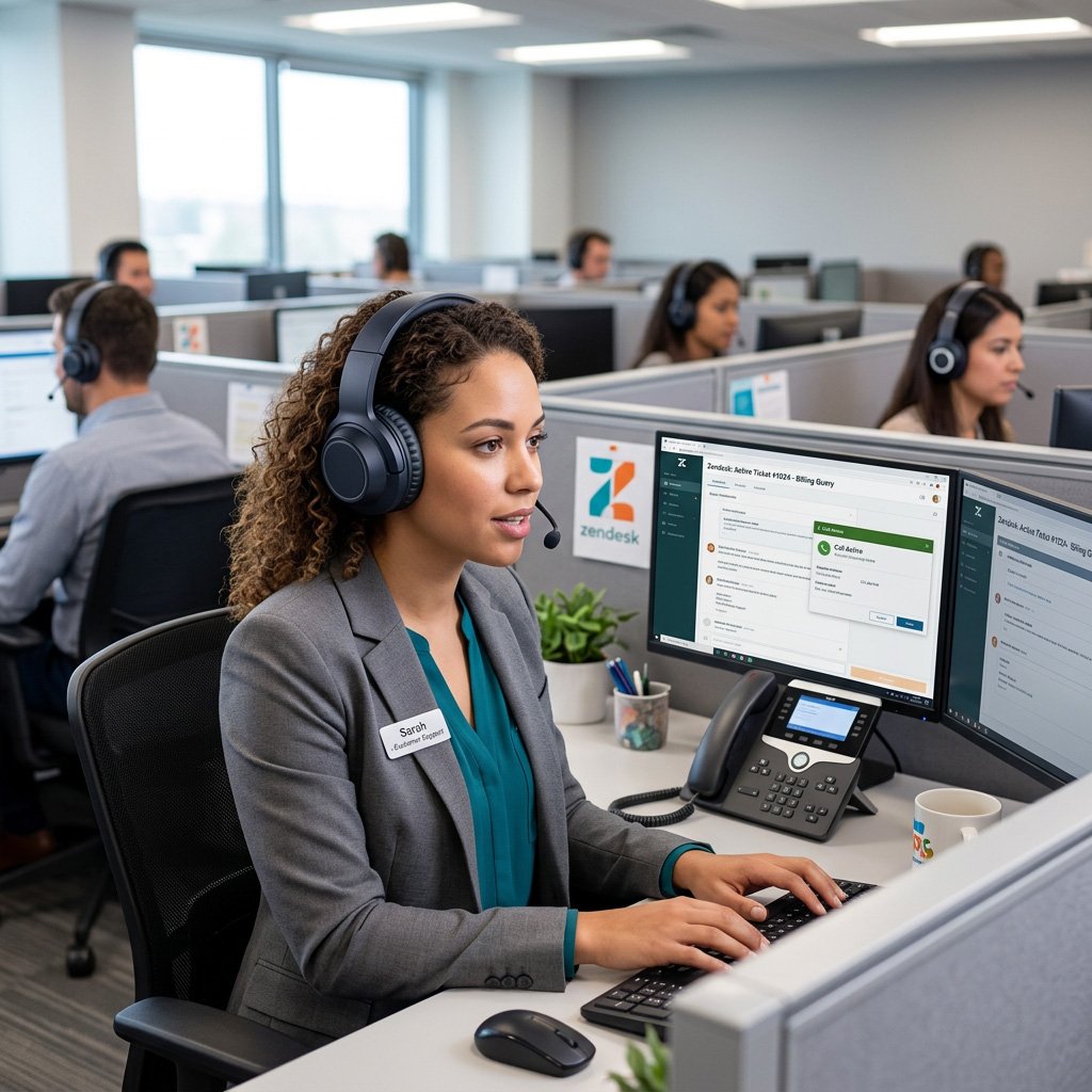 A woman wearing a headset working at a call center with multiple computer screens and other agents in the background.