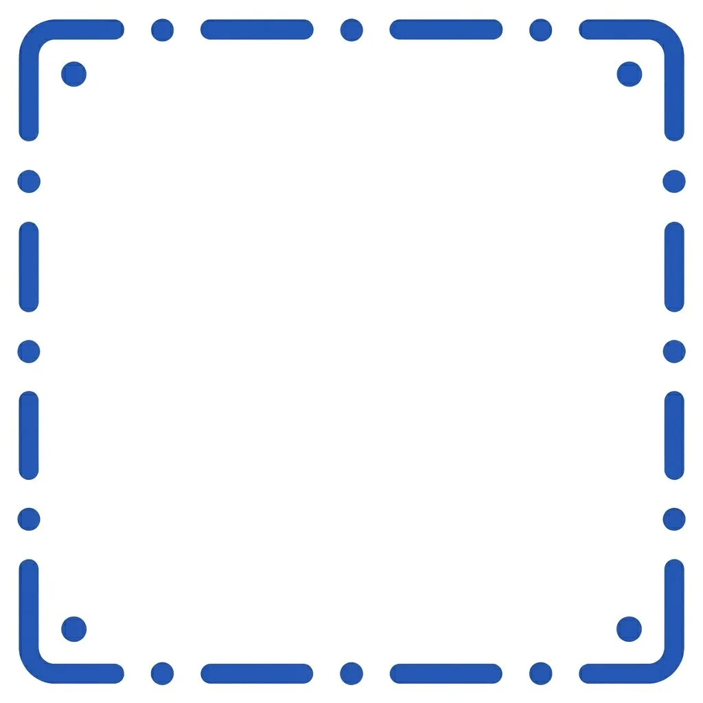 Blank white social media-style frame with a blue dashed border.