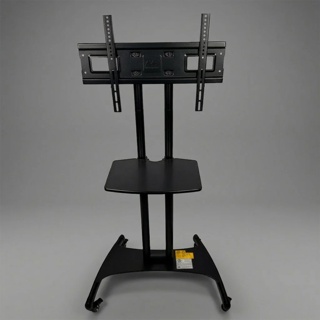 Adjustable strain relief stand with a monitor mount, black color, on a gray background.
