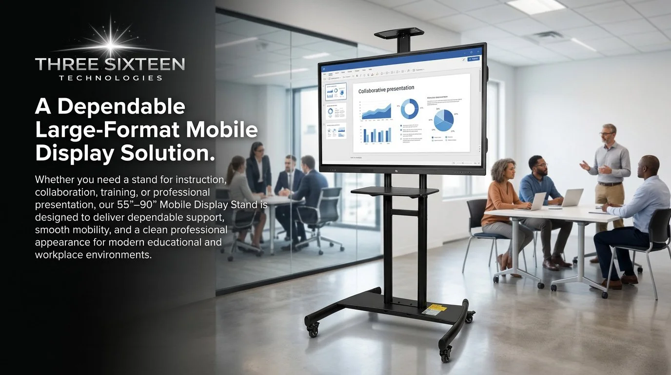 A mobile large-format display stand with a screen showing various charts and graphs, positioned in a modern conference room with a group of people around a table, and a presenter speaking.