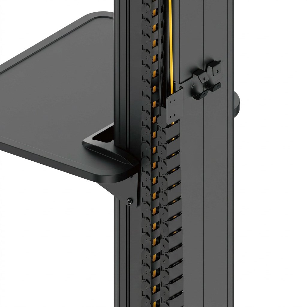 Close-up of the integrated cable-management spine on the motorized mobile display stand.