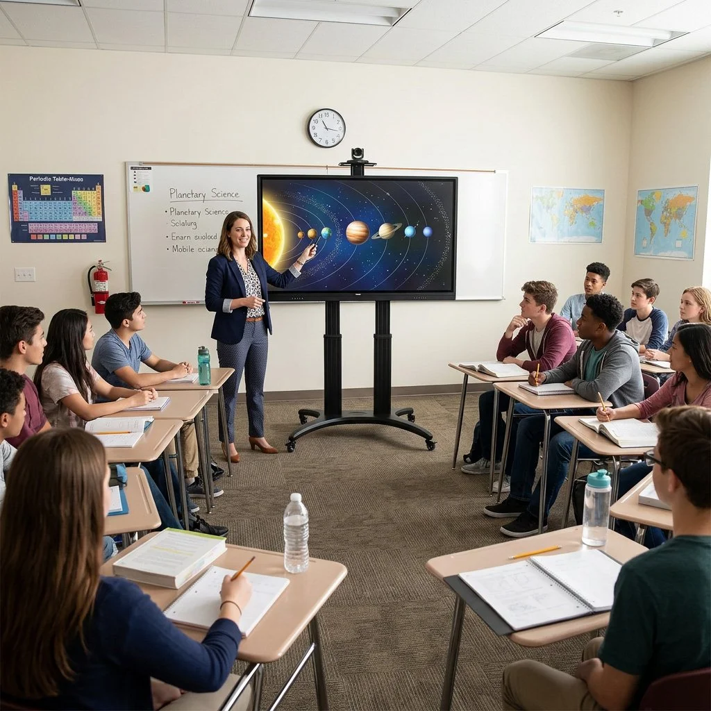 A classroom science lesson about the solar system, with a teacher pointing at a digital display of the planets, surrounded by students seated at desks.