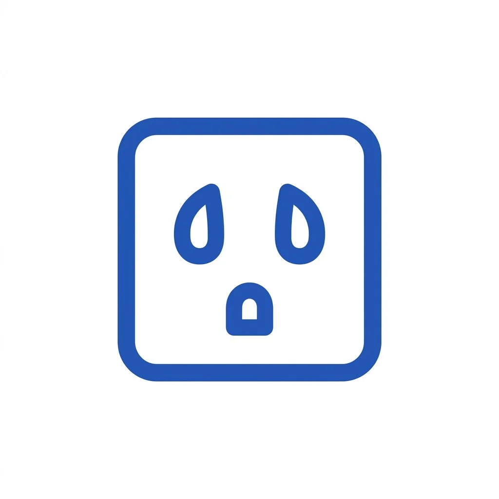 A blue electrical outlet with a cute face, featuring two teardrop-shaped eyes and a small mouth within a square outline.