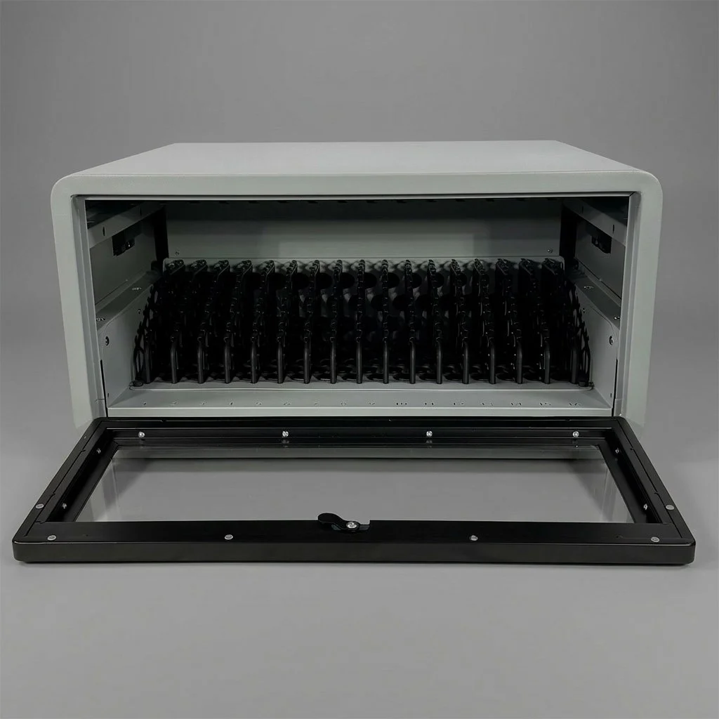 An open laboratory centrifuge with black rotors inside, set against a plain gray background.