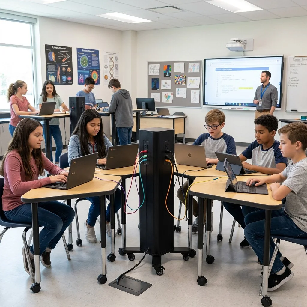 Students working on laptops in a classroom with a teacher at the front using a digital smart board.