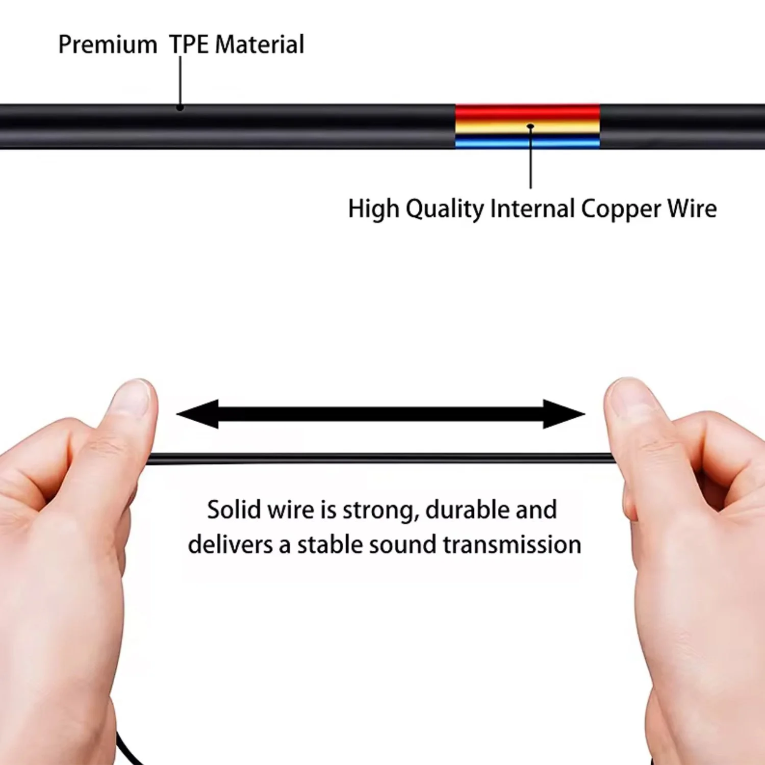 Close-up of the flexible cable construction used on the wired earbuds.