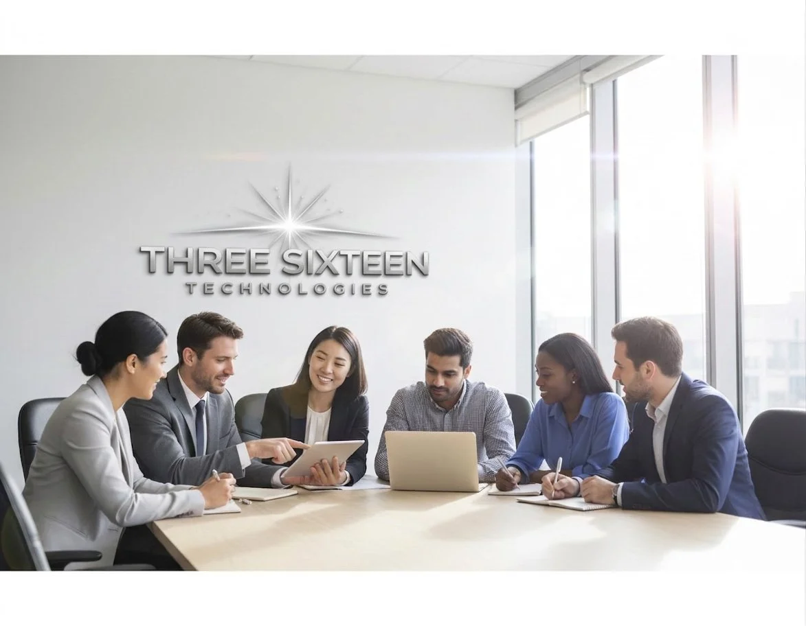 Six diverse business professionals sitting at a conference table in a modern office, engaged in a meeting with a screen displaying the logo 'Three Sixteen Technologies' on the wall behind them.