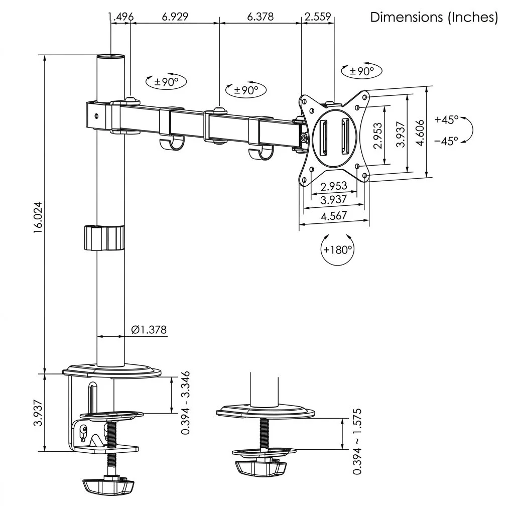 Dimension diagram for the single monitor arm, including pole height, arm reach, desk thickness, adjustment ranges, and VESA measurements.