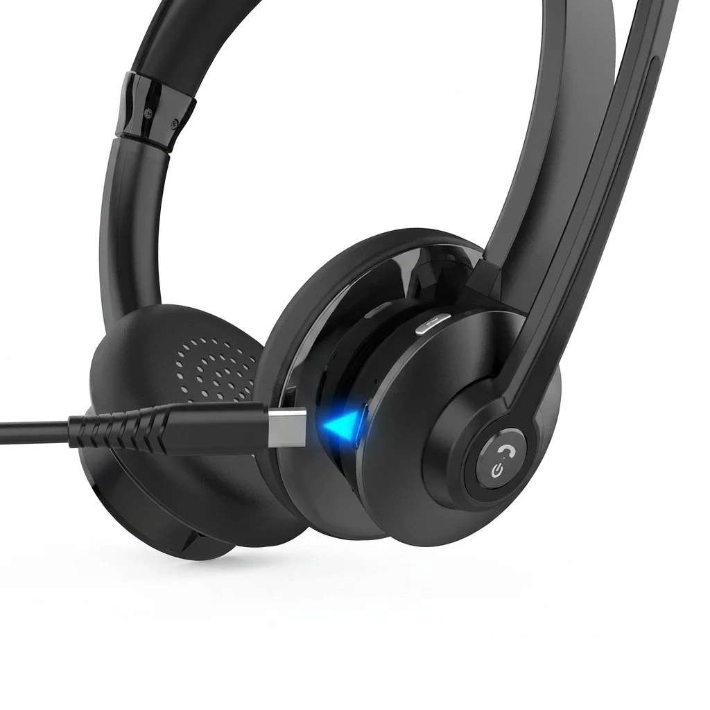 USB-C charging port on the dual-ear wireless Bluetooth headset.