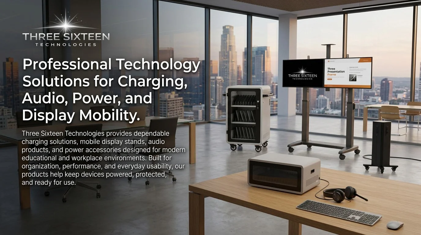 A modern office with large windows overlooking a city skyline, displaying technology equipment including screens, a charging station, and audio devices.