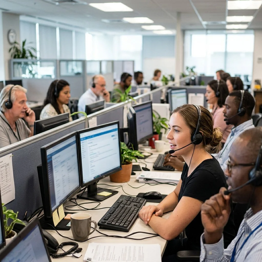 Call center with employees at desks wearing headsets working on computers in an open office environment.