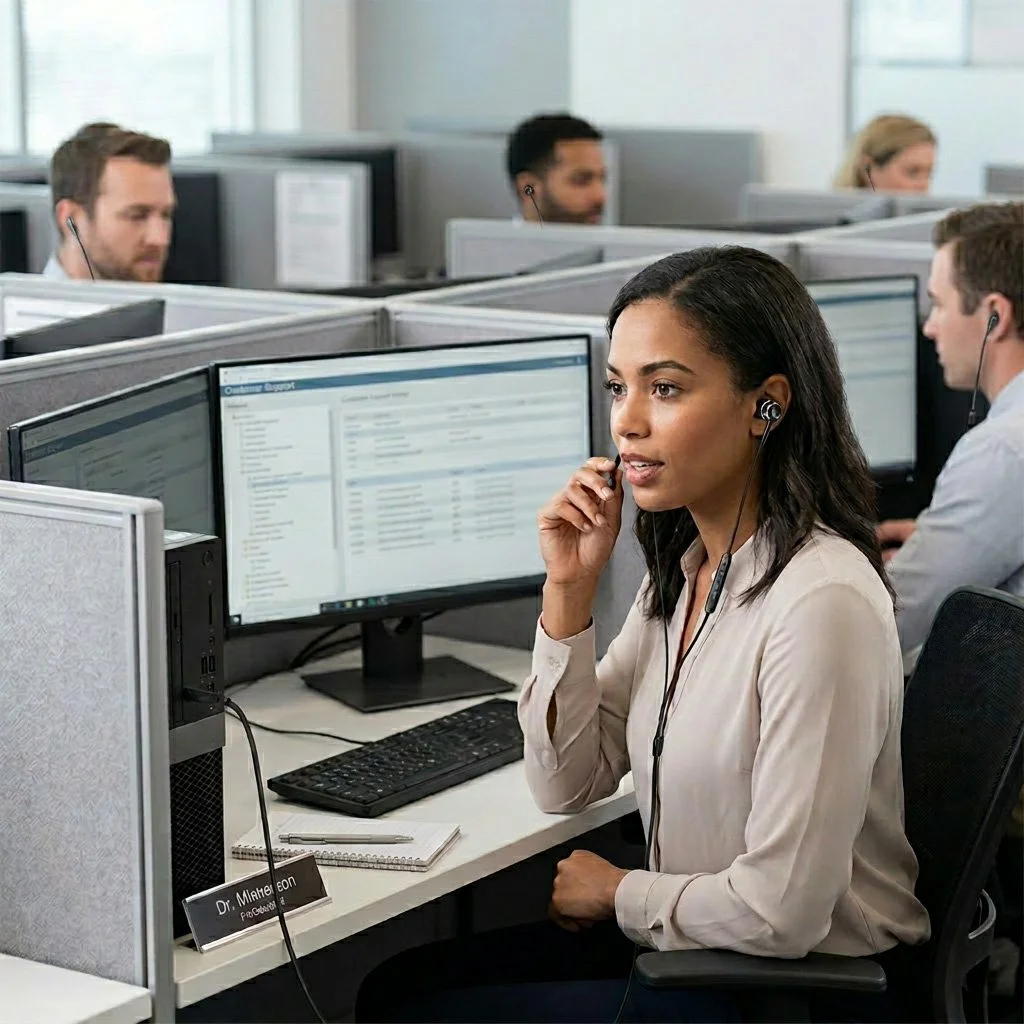 Office workers wearing headsets at their desks with computer monitors in a call center or office setting.
