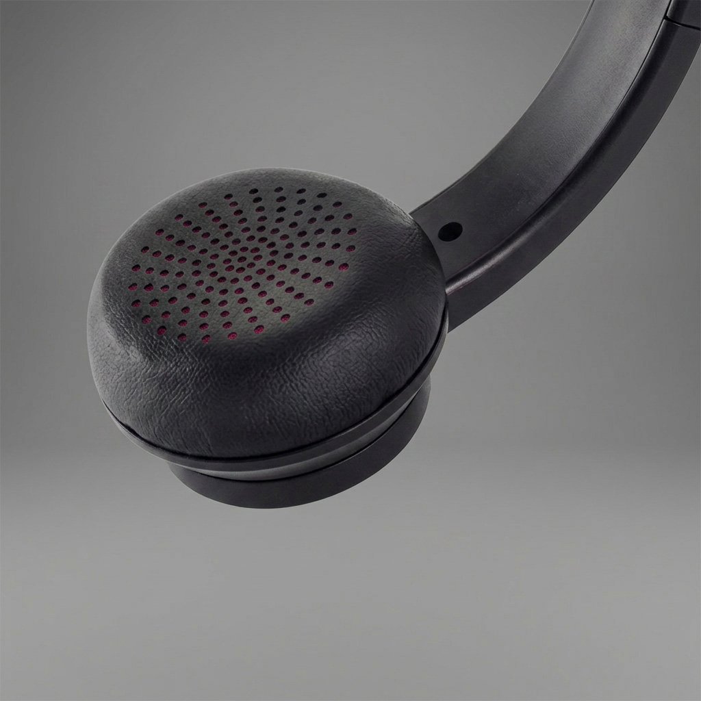 Close-up of a black over-ear headphone earcup with a perforated grille on a plain gray background.
