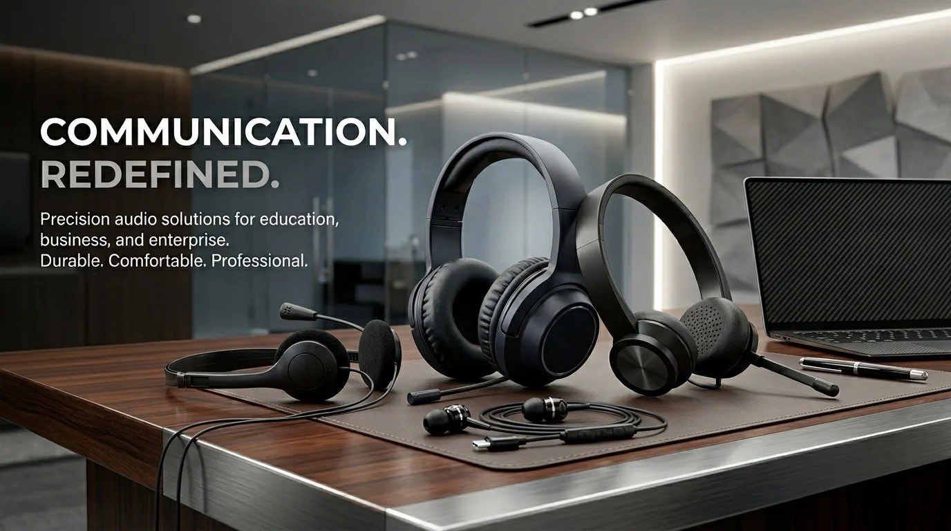 A modern office desk with various black headphones and a laptop, featuring a promotional message about communication solutions.