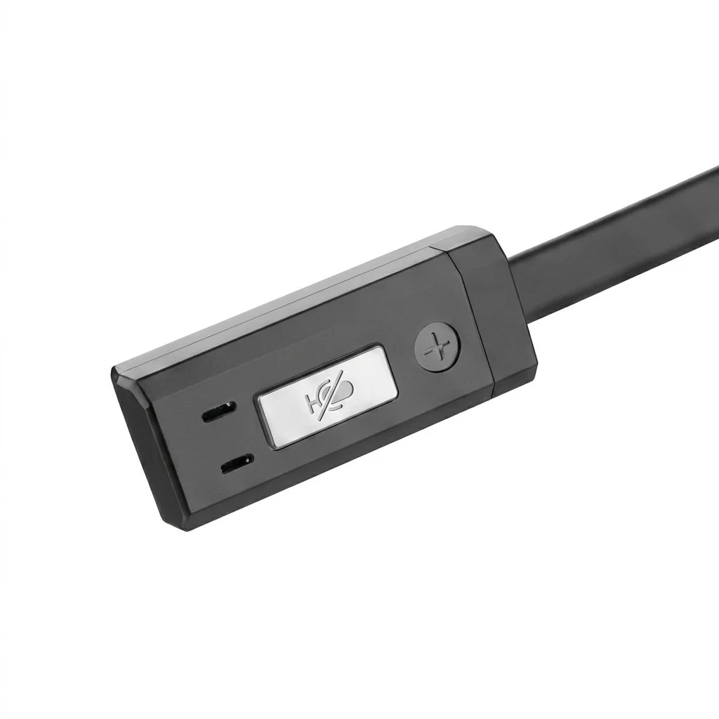 One-touch microphone mute control on the dual-ear wireless headset.